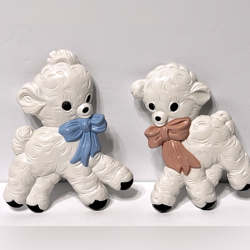 Vintage Hamco  Set of two wall hanging Lambs pink blue bow